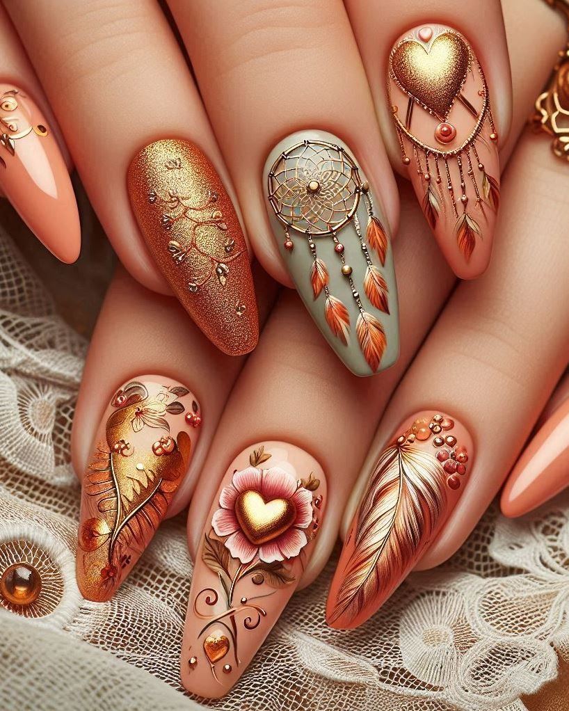 Midsummer night’s dream: night blue nails with gold and cream feather accents.