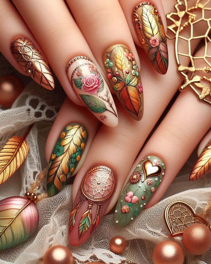 Golden foliage: cream nails adorned with green feather stickers and gold leaf accents.