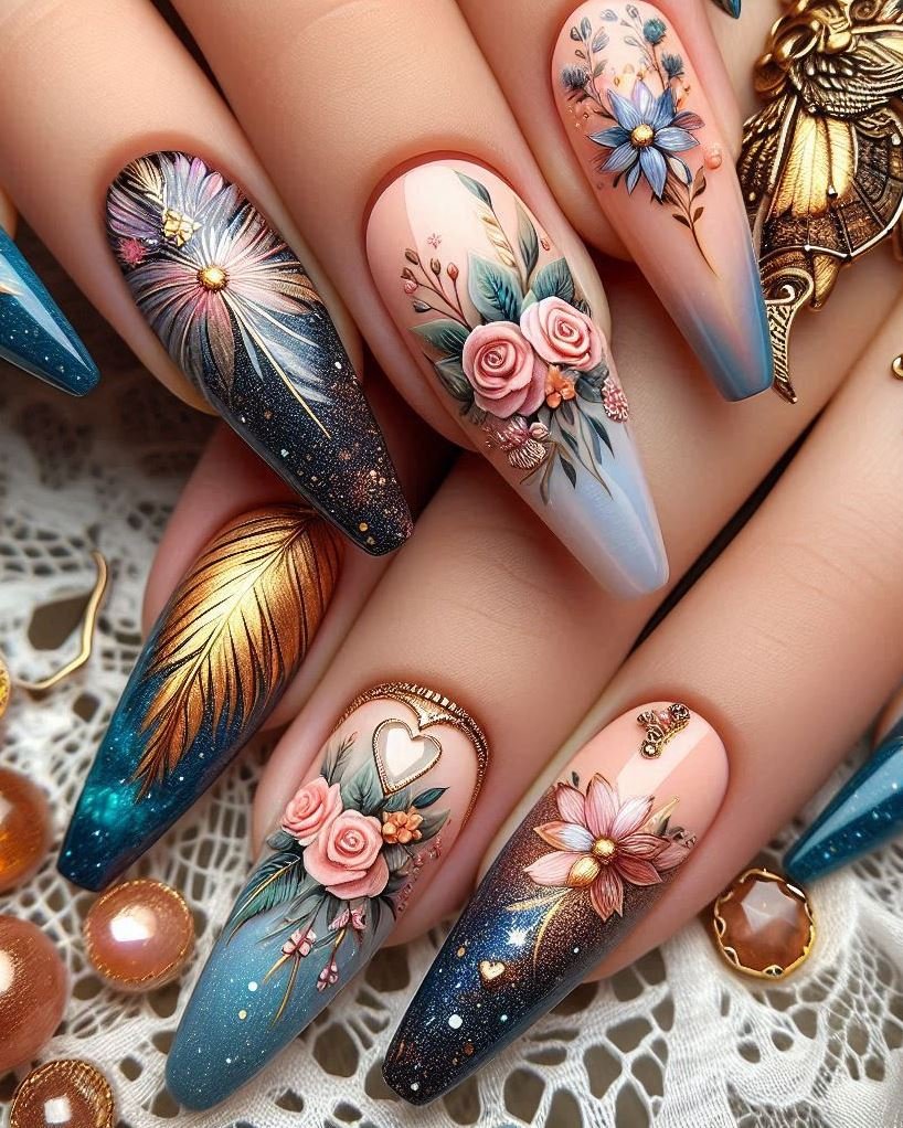 Midnight elegance: deep night blue nails adorned with delicate cream-colored feathers. Perfect for a moonlit soirée.