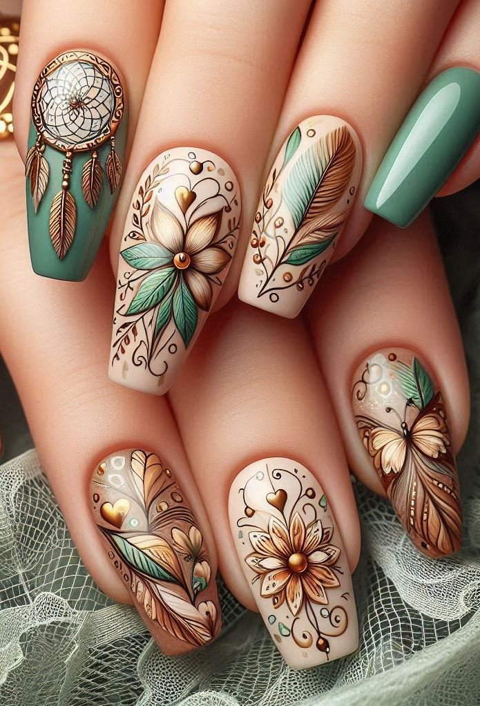 Emerald elegance: dark green nails with gold foil feather accents.