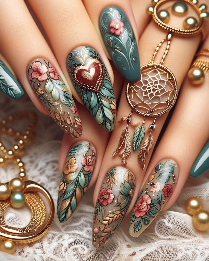 Feathered French tips: night blue nails with cream-colored feather tips.