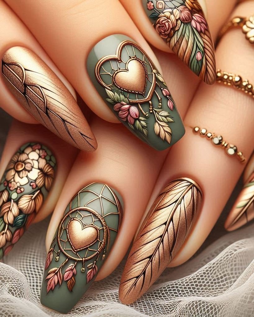 Golden goddess: cream nails adorned with green and gold feather stickers.
