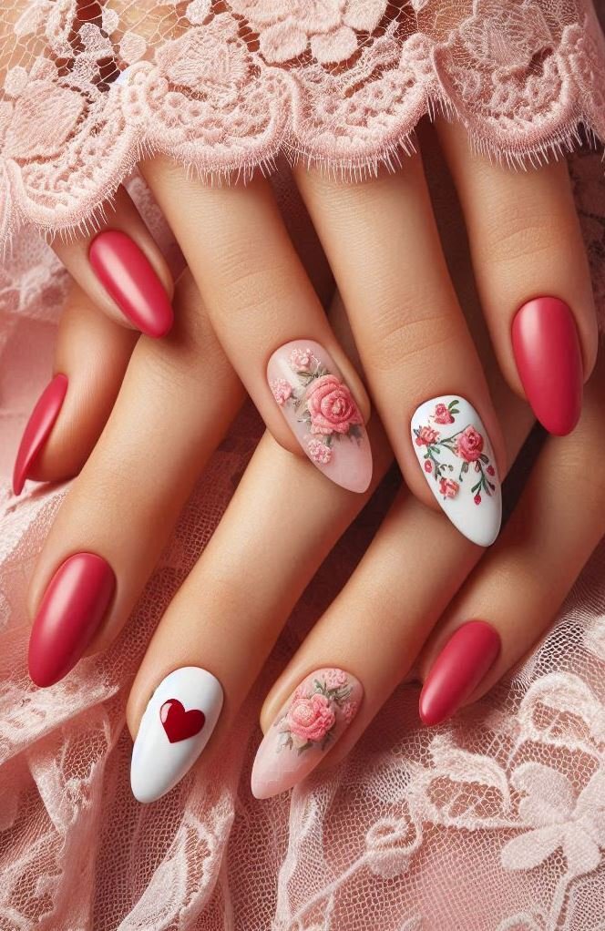 Lace Butterfly Kisses: Pink nails with lace butterfly motifs—utterly charming!