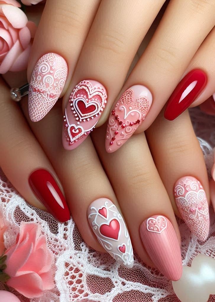 Lace Blossoms: White lace petals on a pink canvas—like flowers blooming on your fingertips.