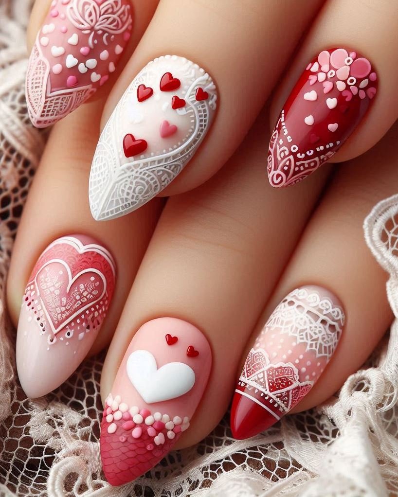 Whimsical Lace: Playful patterns dance across these sweet pink nails.