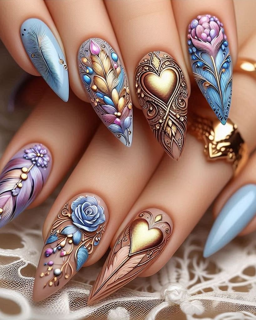 Velvet Elegance: Matte royal blue nails adorned with tiny violet gems. Luxurious and captivating.