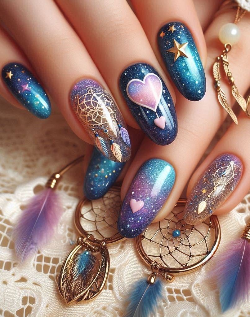 Cosmic kisses: These nails are like celestial love notes. Imagine the Milky Way whispering sweet nothings to your fingertips. Romance, written in stardust.
