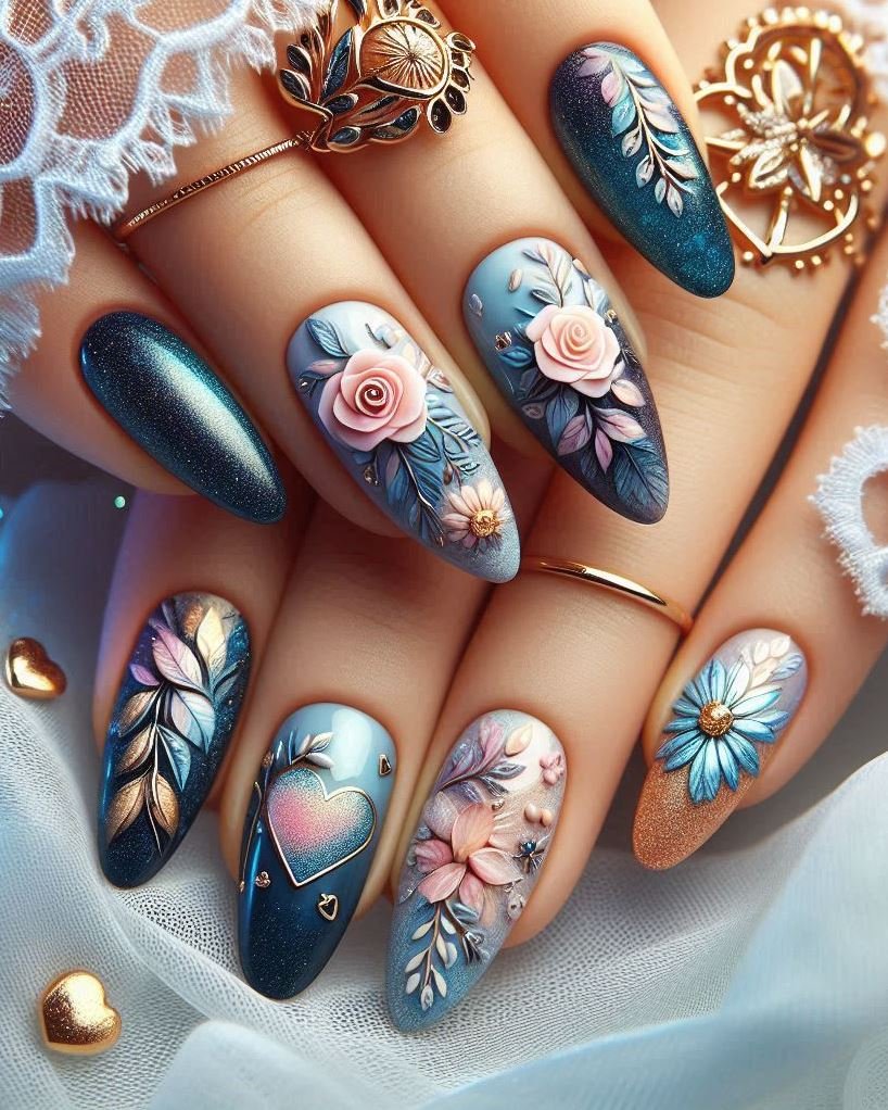 Cosmic confetti: These nails are like a meteor shower captured in polish. Sparkling silver, midnight blues, and celestial vibes—because even the universe loves a good party!