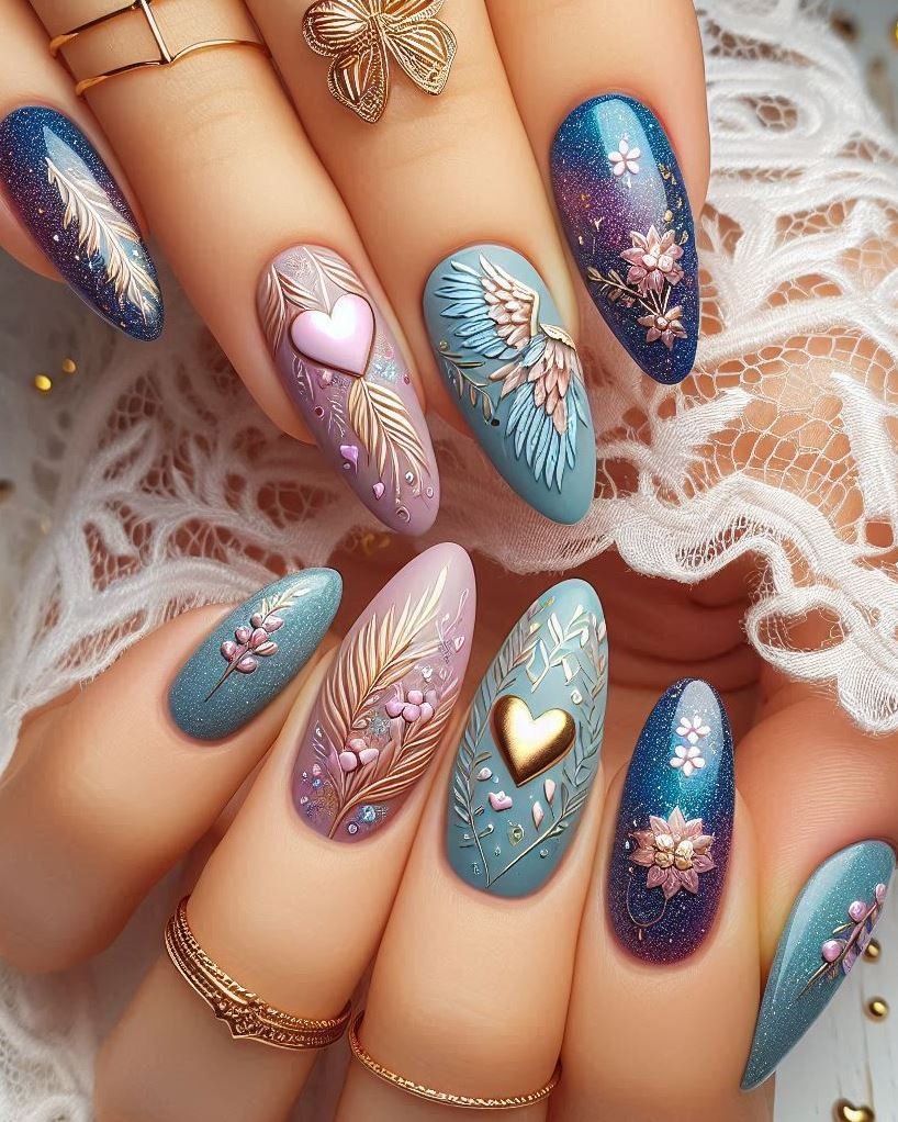 Galaxy gradient: Transition from deep space to cosmic dawn with these ombre nails. A celestial journey from black holes to shooting stars—your fingertips as the canvas.