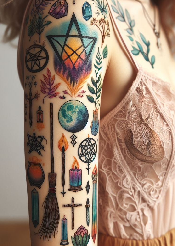 Channel your inner mystic with a sacred pentagon arm tattoo—a symbol of protection, power, and Wiccan beliefs. Let your skin tell the story of ancient magic