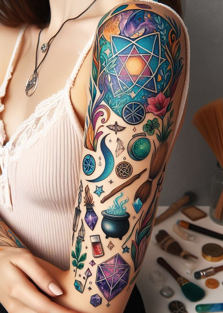 Wiccan artistry graces your arm: pentagrams, elements, and moon phases. Let your ink speak of ancient wisdom.