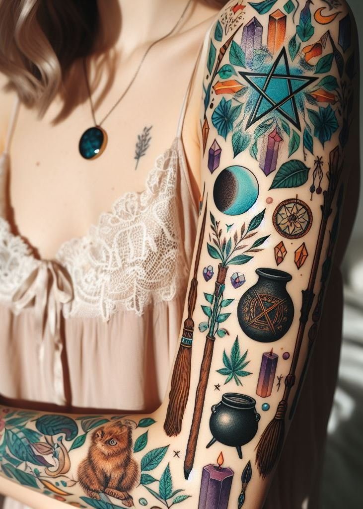 Embrace the elements with a pentacle tattoo on your arm. Earth, air, fire, water—they all converge in this sacred symbol.