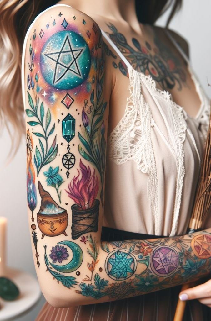 As the moon waxes and wanes, so does our connection to the divine. Capture lunar magic with a pentagram arm tattoo.