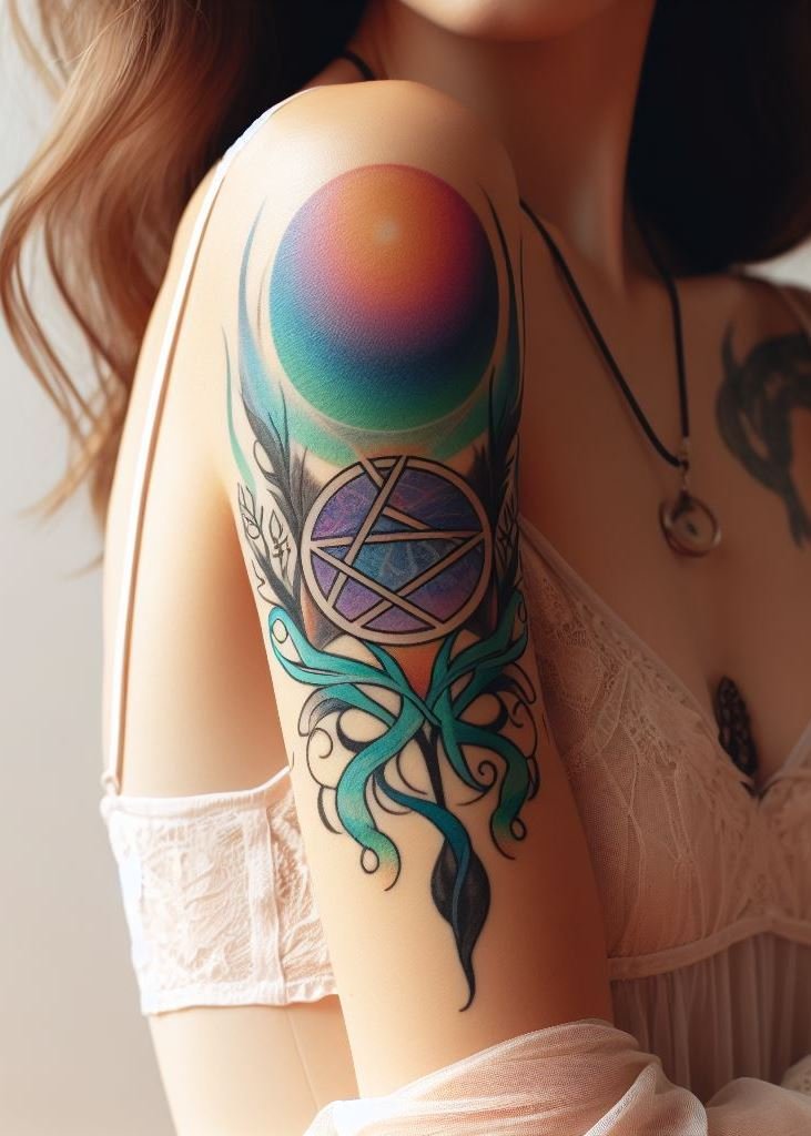 Wiccan vibes meet inked skin: pentacles, phases of the moon, and elemental symbols. Your arm becomes a spellbook.
