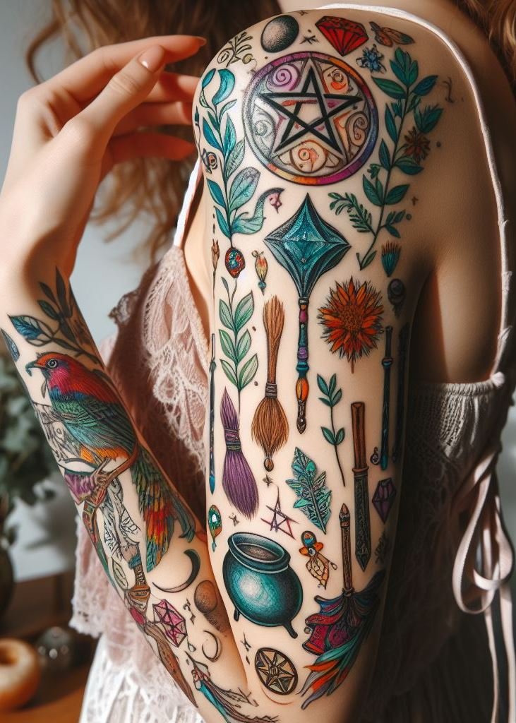 Witchy elegance: pentagrams, celestial motifs, and the magic of ink. Your arm dances with cosmic energy.
