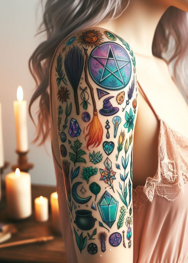 Witchcraft meets geometry in this pentacle tattoo. Wear it proudly on your arm, and let the magic unfold.