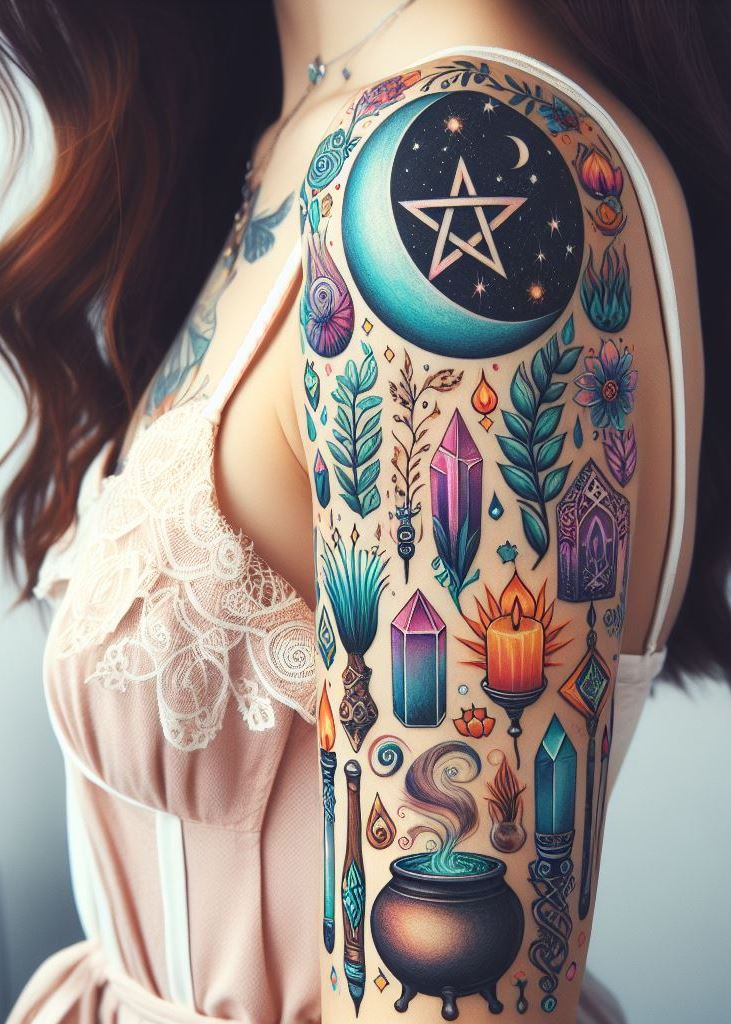 Wiccan vibes meet inked skin: pentacles, phases of the moon, and elemental symbols. Your arm becomes a spellbook.