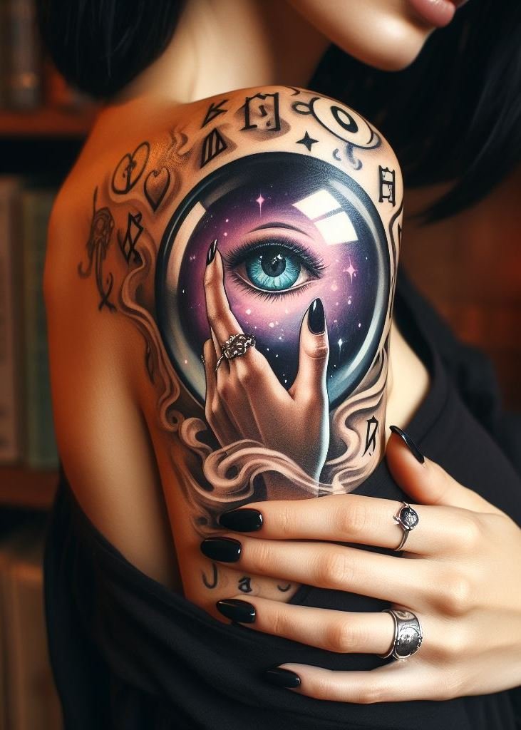 Arm adorned with whispers of the arcane: magic speculum tattoos. Gaze into the mirror ink and glimpse the hidden mysteries of the universe. 🌌✨