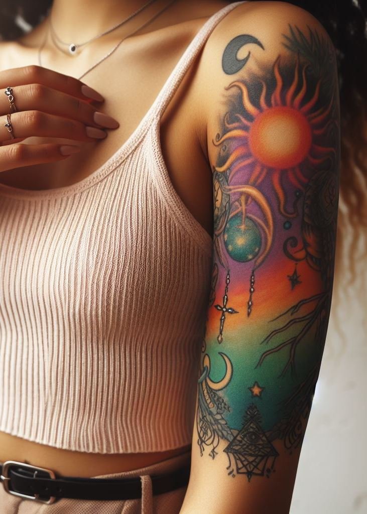 Embrace the sun’s fiery energy on your skin: arm tattoos that symbolize rebirth, clarity, and the pursuit of truth. Illuminate your journey with ink that burns like a cosmic flame. 🔥✨
