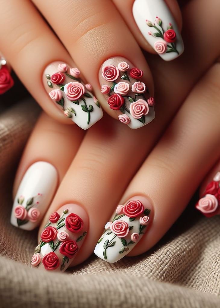White peach nails paired with bold red roses create a stunning contrast that's perfect for any occasion. These designs bring a fresh and elegant touch to your nails.