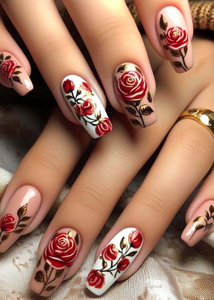 Dreamy white peach nails with striking red rose accents? Yes, please! These stunning designs are the epitome of chic and will have your nails blooming with beauty.