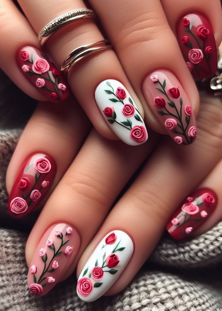 Step up your nail game with these enchanting white peach and red rose designs. The delicate balance of colors brings a fresh, romantic feel that's perfect for any season.