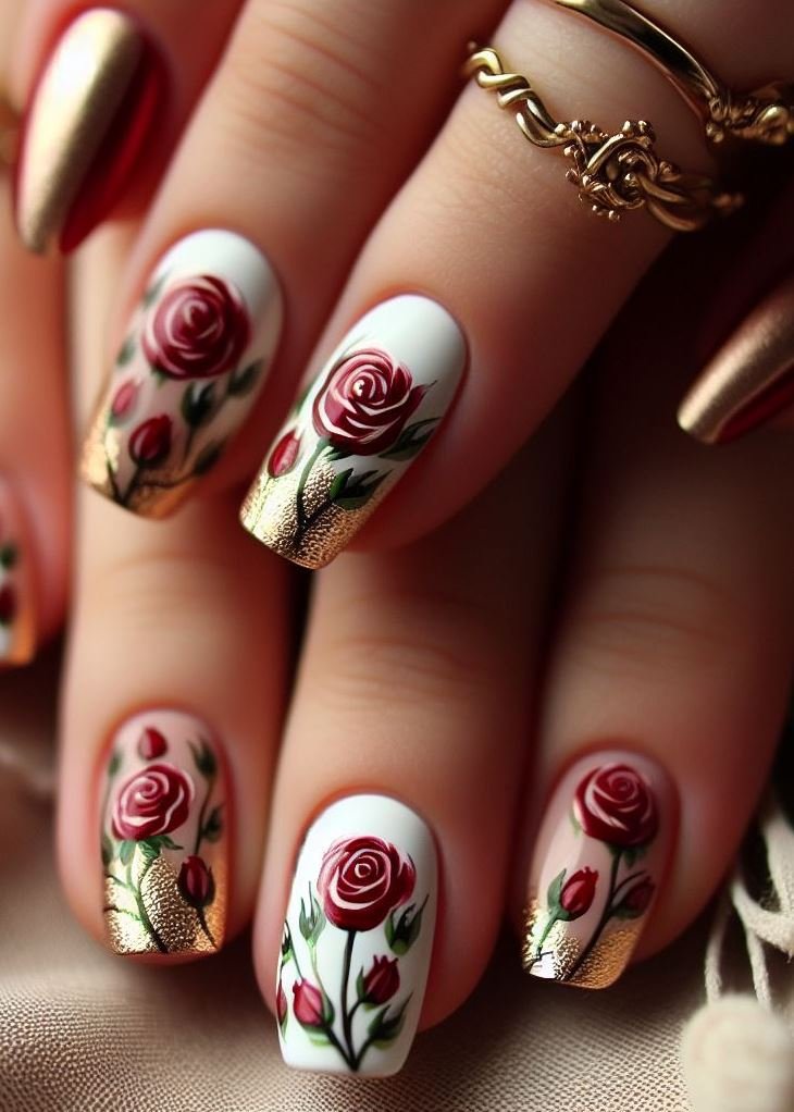 Let your nails bloom with beauty using white peach and red rose designs. These delightful ideas bring a mix of sweetness and sophistication to your manicure.
