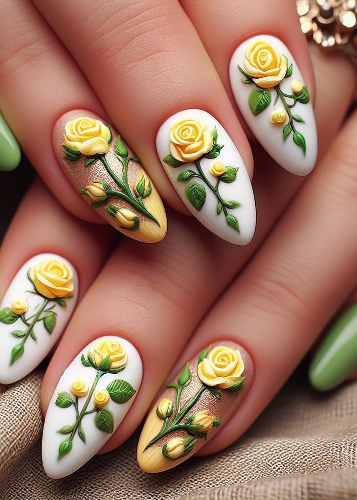 Sunshine and roses? Yes, please! This cheerful design features bright yellow nails with a single, delicate white rose on each finger. It's like a ray of sunshine blooming on your fingertips.
