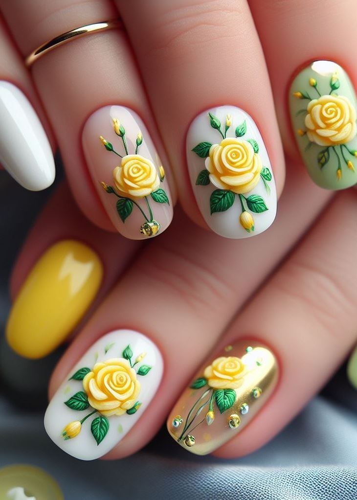 Feeling classic with a twist? This French mani gets a makeover with a white base and sunny yellow tips. Add a single, elegant white rose on the accent nail for a timeless yet playful touch.