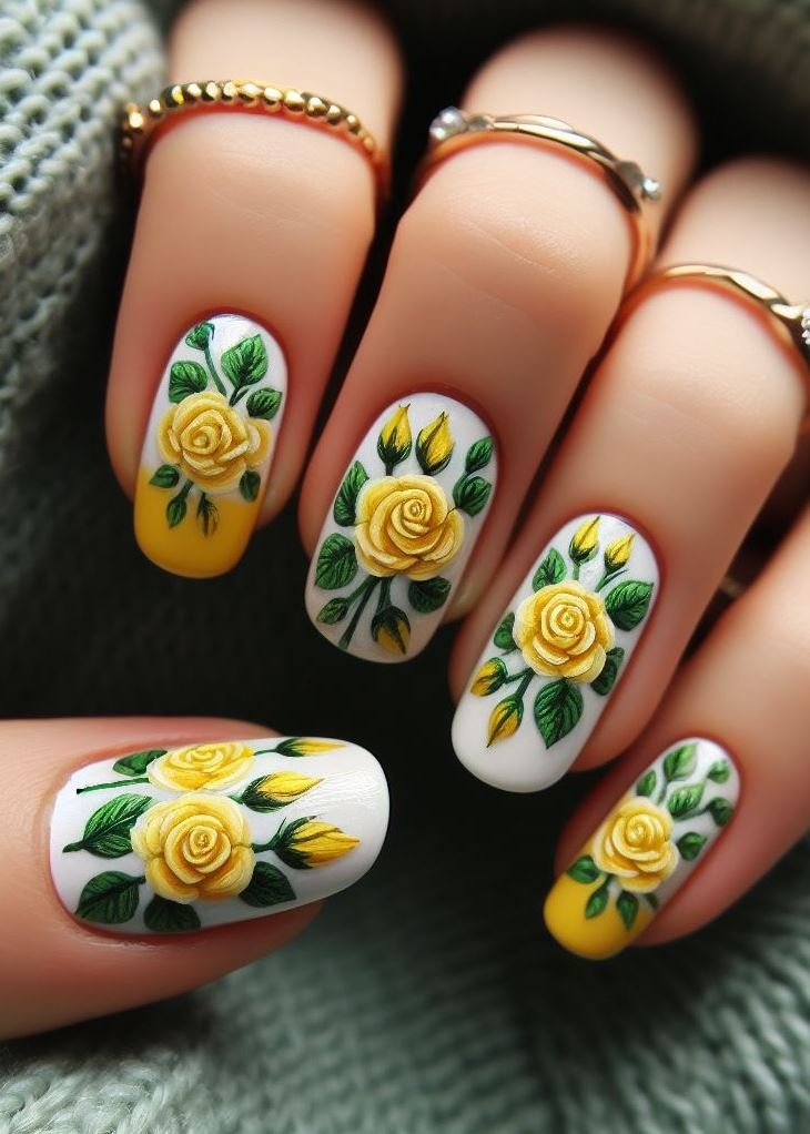 Embrace the minimalist trend with this chic design. Alternate between crisp white and sunshine yellow nails, adding a single, tiny white rosebud on just one or two nails for a touch of delicate detail.