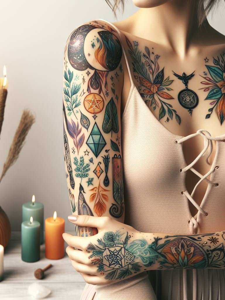 Ink your arm with the pentacle—a five-pointed star enclosed in a circle. It symbolizes the five elements (earth, air, fire, water, and spirit) and offers Wiccan protection with a dash of cosmic flair. ✨🌟