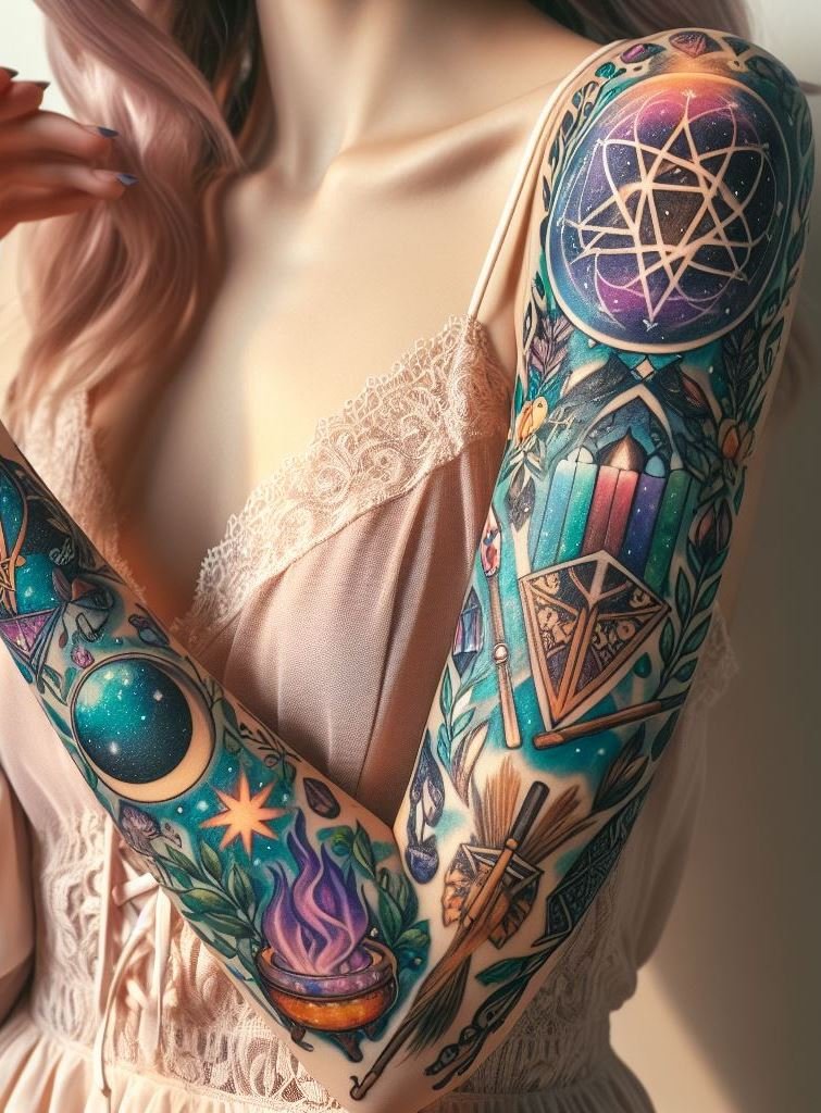 Embrace green witchery: weave herbal elements into your tattoo. Your arm becomes a living grimoire, connecting you to the earth’s magic and ancient wisdom. 🌿🌙