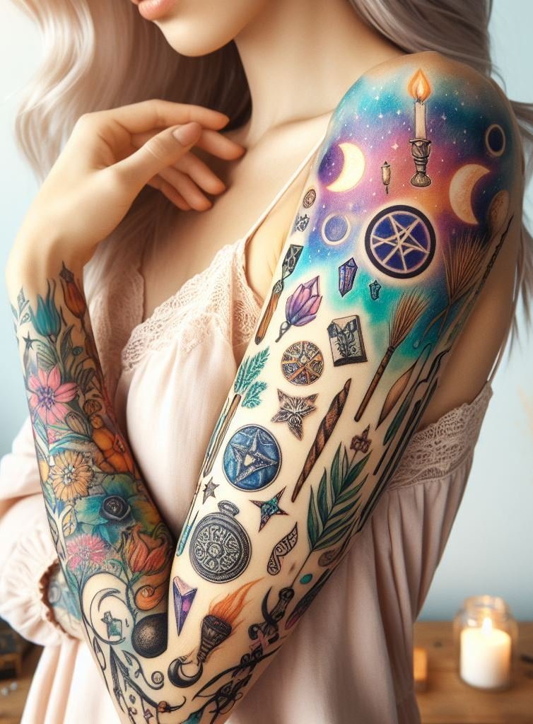 Wiccan elements converge: pentacle, moon phases, and herbal magic. Your arm becomes a spellbook, open to cosmic possibilities. 📜✨