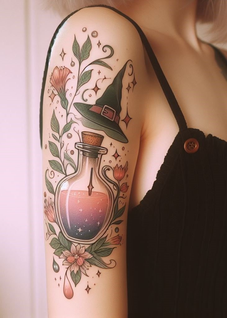 Witchy arm candy: brooms, moons, and a touch of mystery. The hat symbolizes the gateway to otherworldly realms.