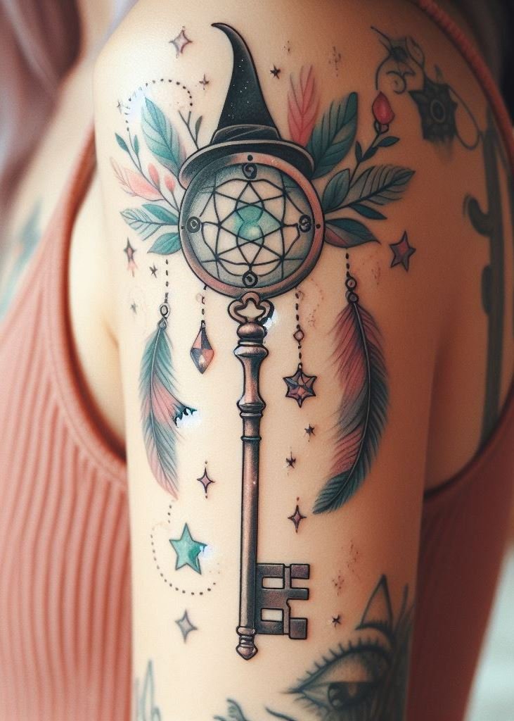 Arm adorned with moon phases – a celestial ode to magic. The hat points toward the cosmic forces that shape our reality.