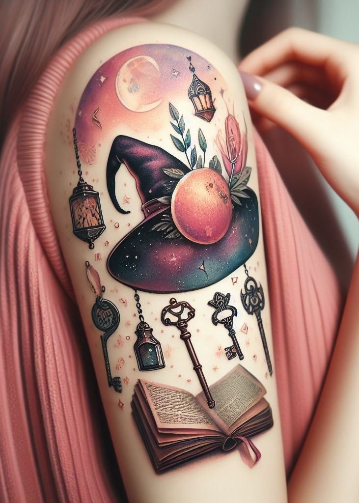 Ink your arm with mystical symbols like pentacles, runes, or crescent moons. Channel ancient witchcraft vibes in style. The hat represents the connection to the spiritual realm.