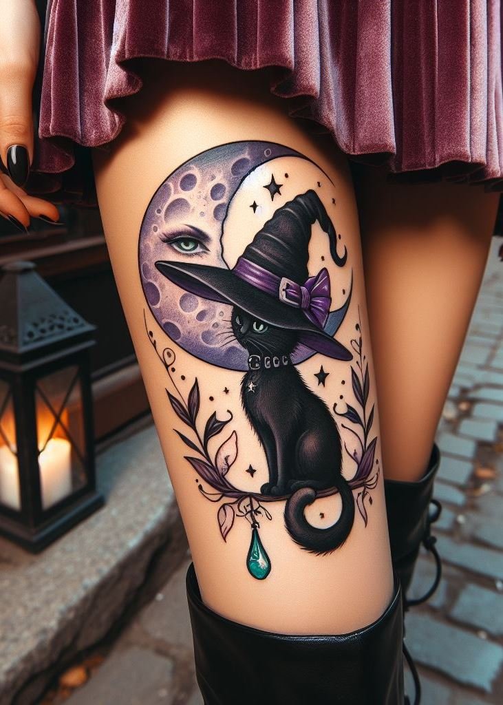 Inscribe the bond between witch and familiar on your skin – a hat-wearing cat forever by your side.