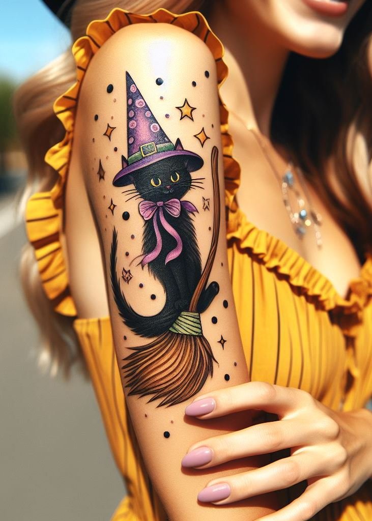 Witchy cat tattoos: where elegance meets enchantment. Let your inked kitty cast spells with style.