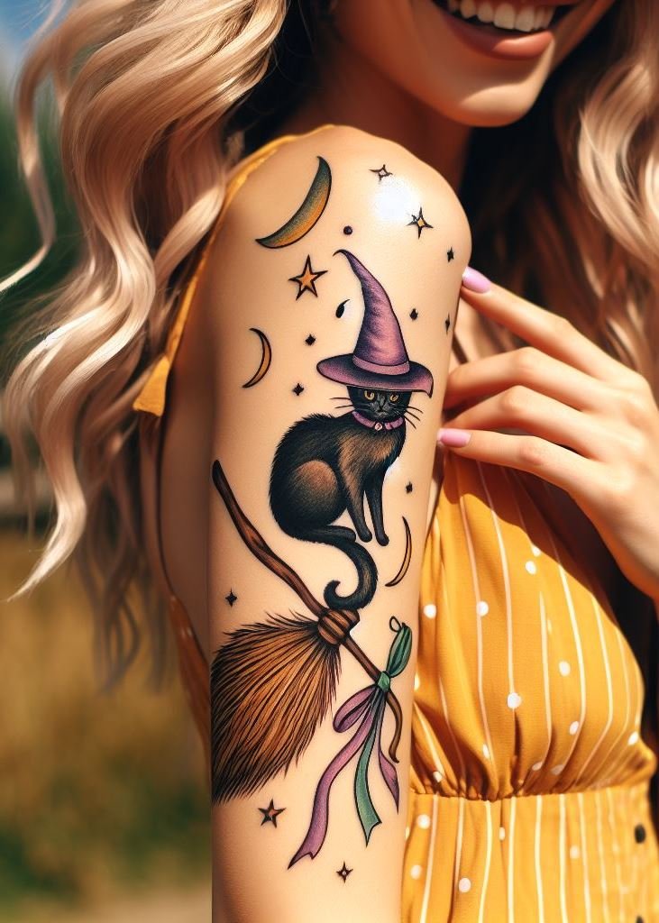 Ink your skin with a whimsical feline familiar wearing a tiny witch’s hat – because even cats need a touch of magic! 🐱🧙‍♀️