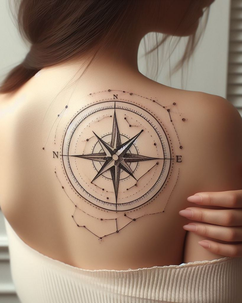 Navigate your journey with style by adding a compass tattoo to your shoulder and back. These designs are a timeless symbol of adventure and finding your true path in life.