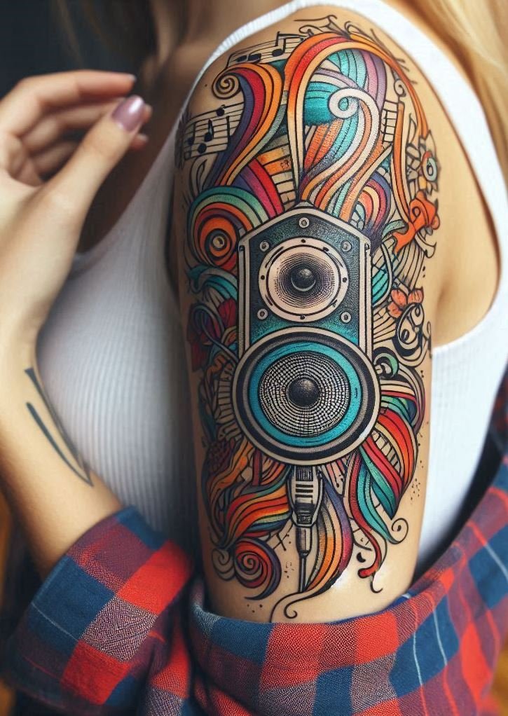 Turn your body into a living sound system with sound box themed tattoos. Perfect for music enthusiasts, these designs amplify your love for tunes, making every inch of ink a tribute to powerful beats.