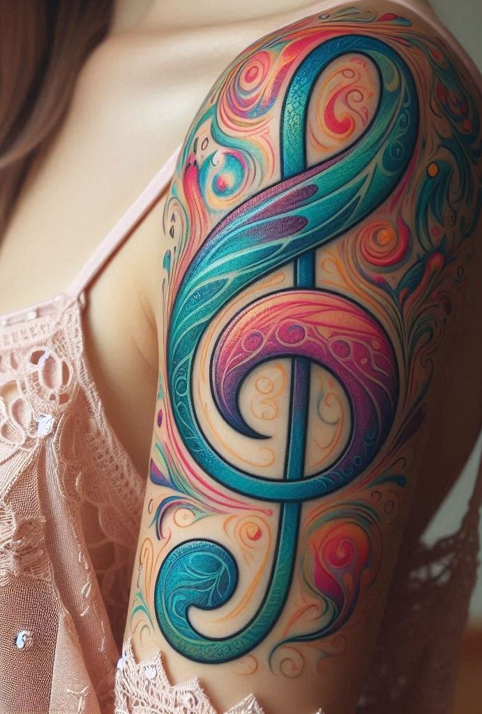 Let your skin sing with treble clef themed tattoos that resonate with your musical soul. These designs capture the essence of your favorite tunes, making every note a permanent part of you.