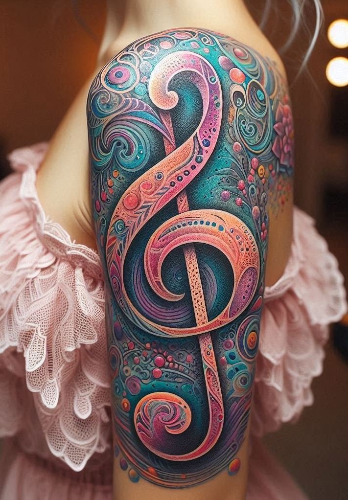 Turn your passion for music into a masterpiece with treble clef themed tattoos. These elegant designs capture the beauty of sound, making your skin a symphony of ink.