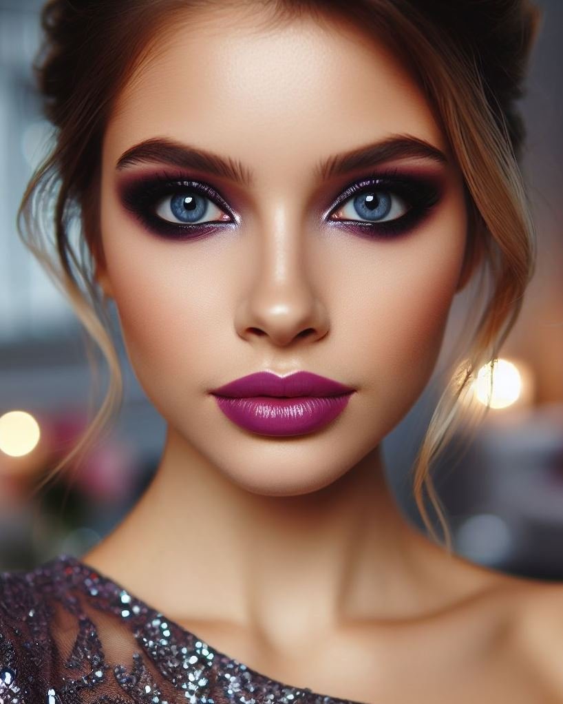 Unleash your inner mystery! Violet smokey eyes paired with mauve lips create a mystical and alluring look, perfect for a night out or adding a touch of intrigue to your everyday makeup.