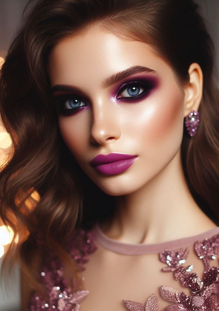Embrace the enigma! A veil of violet smokey eyes with mauve lips creates a captivating and otherworldly look. This unique combination is perfect for those who want to stand out from the crowd.