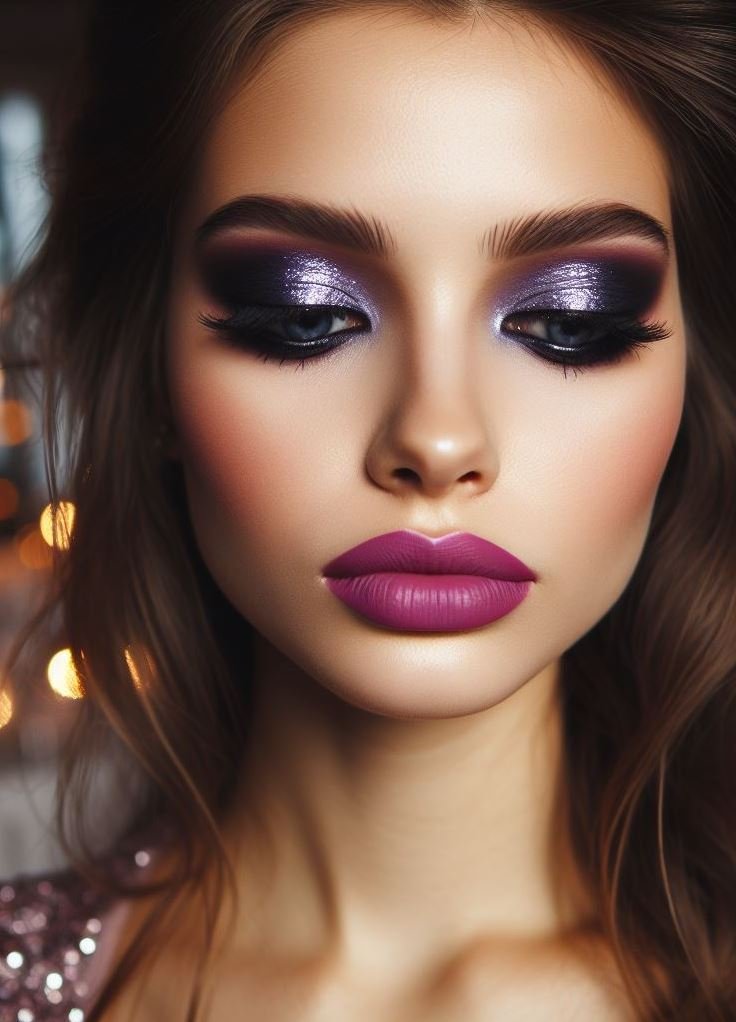 Channel your inner siren! Violet smokey eyes and mauve lips create a sultry and alluring look with a hint of mystery, perfect for a romantic rendezvous.