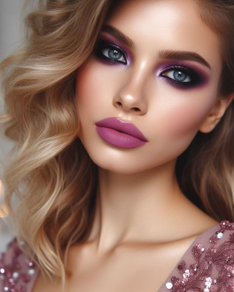 Beyond the basics! Elevate your makeup routine with a mesmerizing violet smokey eye and a touch of mauve on your lips. This captivating combination is perfect for a special occasion.