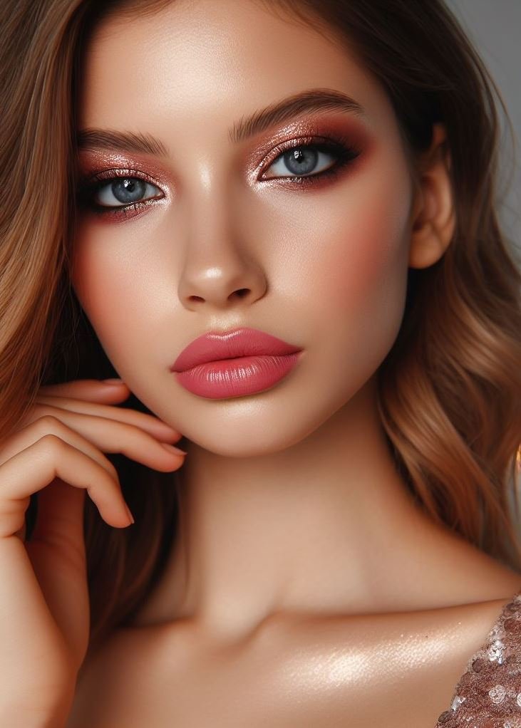 Spring awakening! The soft, shimmery tones of rose gold smokey eyes with nude lips perfectly complement the blooming flowers of spring. This look is fresh, feminine, and perfect for the season.