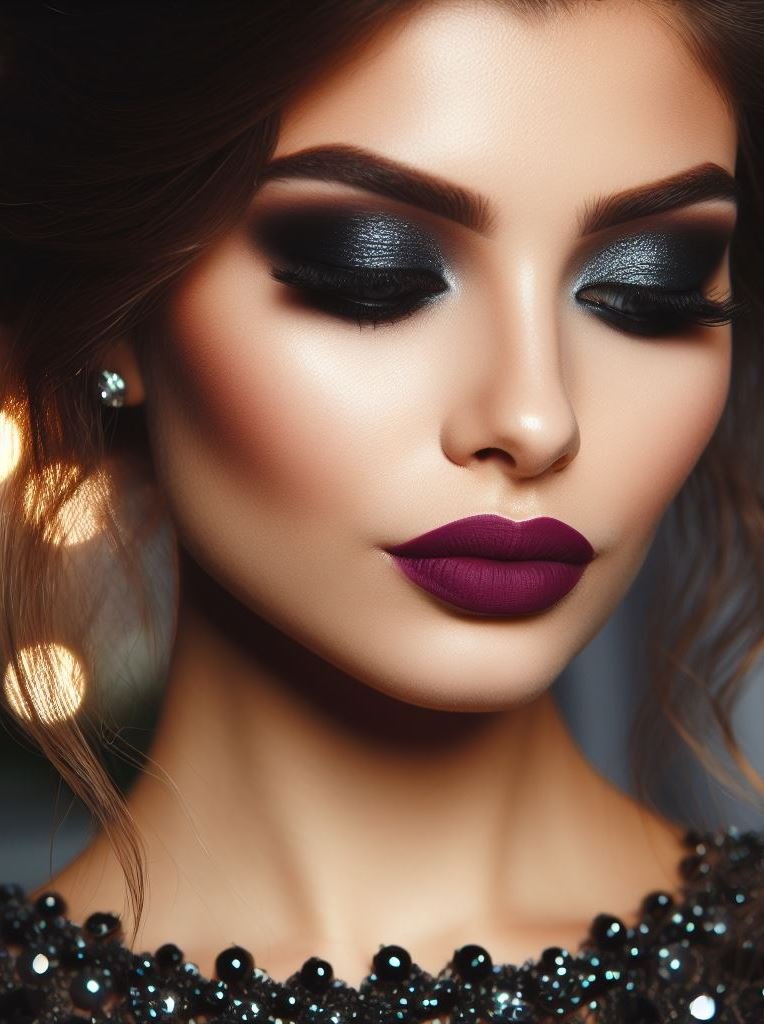 Embrace the enigma! Gunmetal grey smokey eyes paired with plum lips create an edgy and enigmatic look, perfect for a night out on the town or adding a touch of mystery to your everyday makeup.