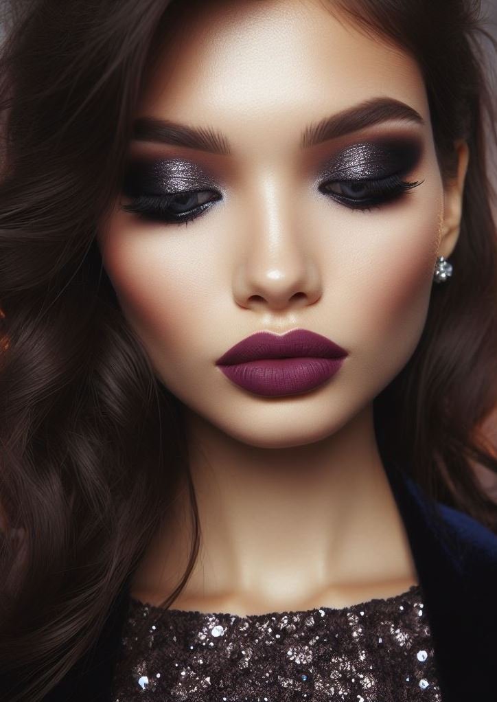 Go beyond the basic black! Gunmetal grey smokey eyes offer a modern twist on the classic smokey eye. Plum lips add a touch of drama and intrigue for a truly unique look.